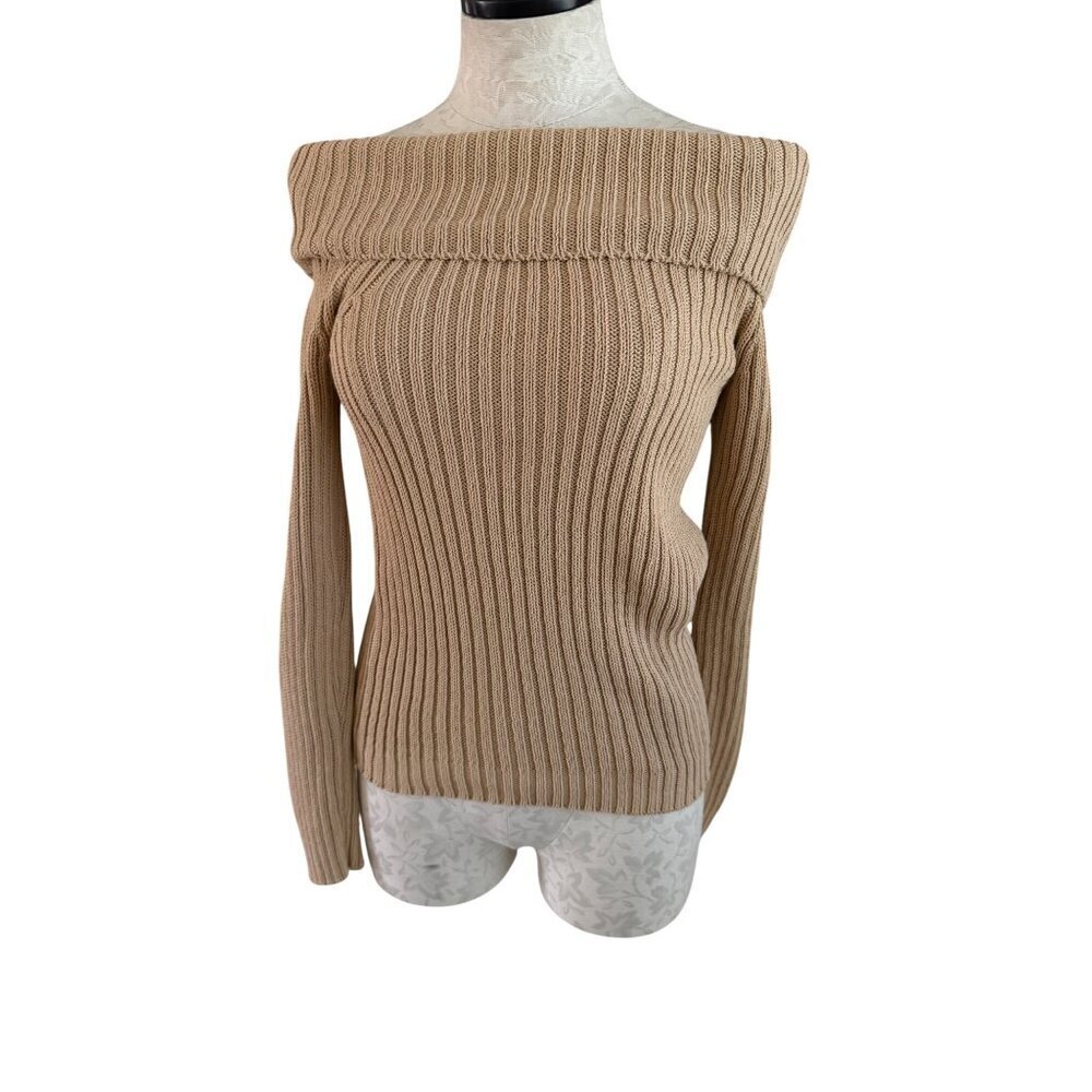 Sisley Womens Size Medium Tan Cotton Round Neck Off Shoulder Knit Sweater New
